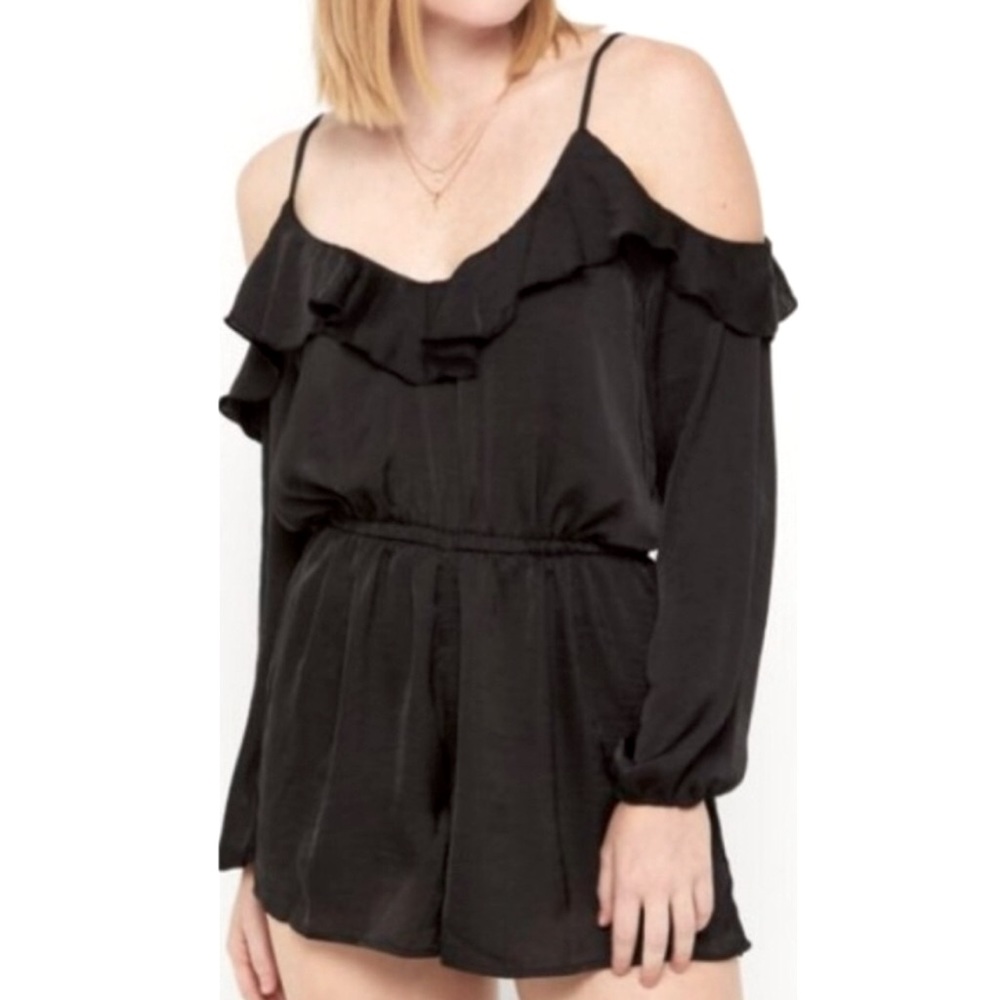 Rue21 Pink Satin Cold Shoulder Flounce Ruffle Romper